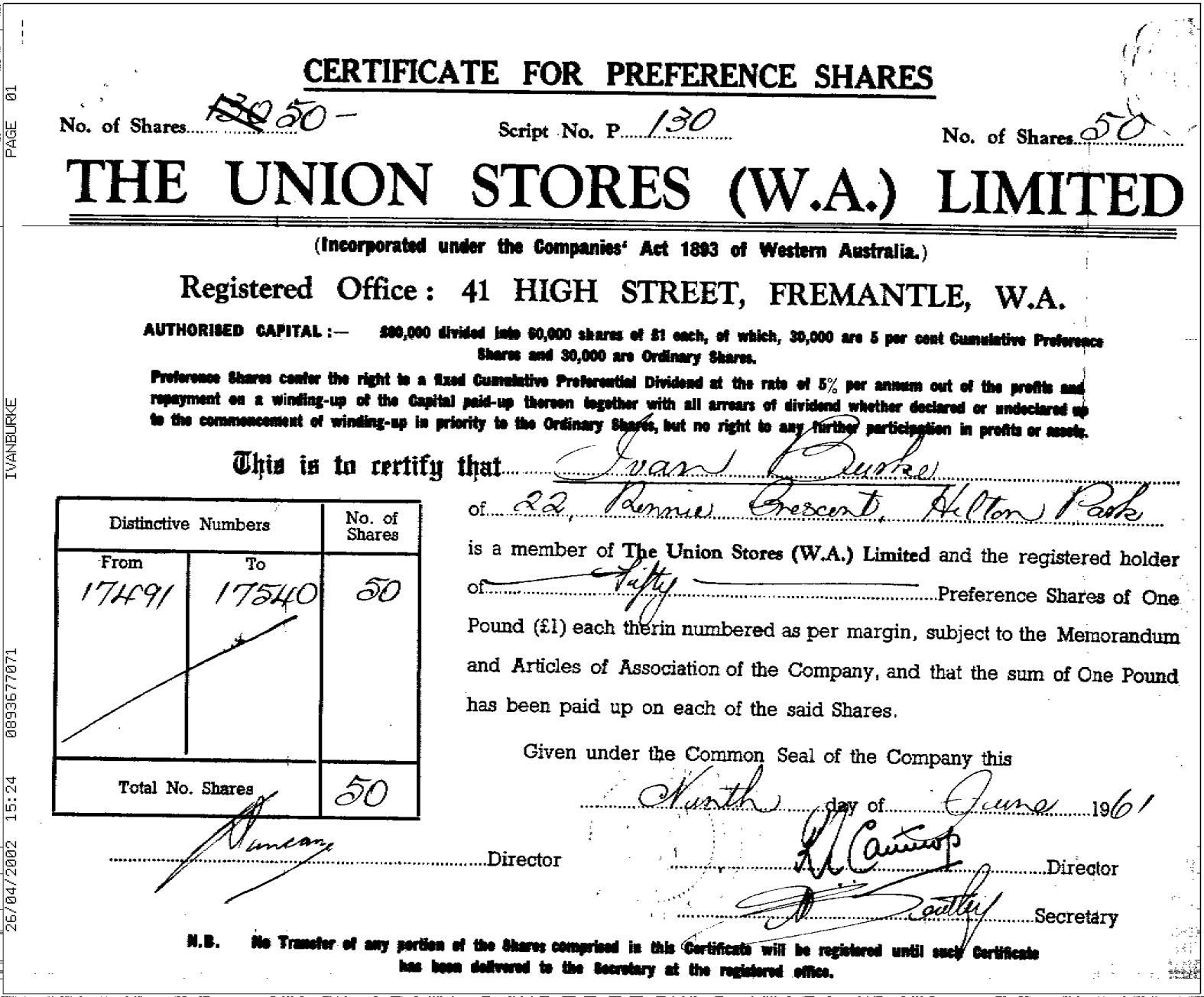 Union Stores Share Certificate
